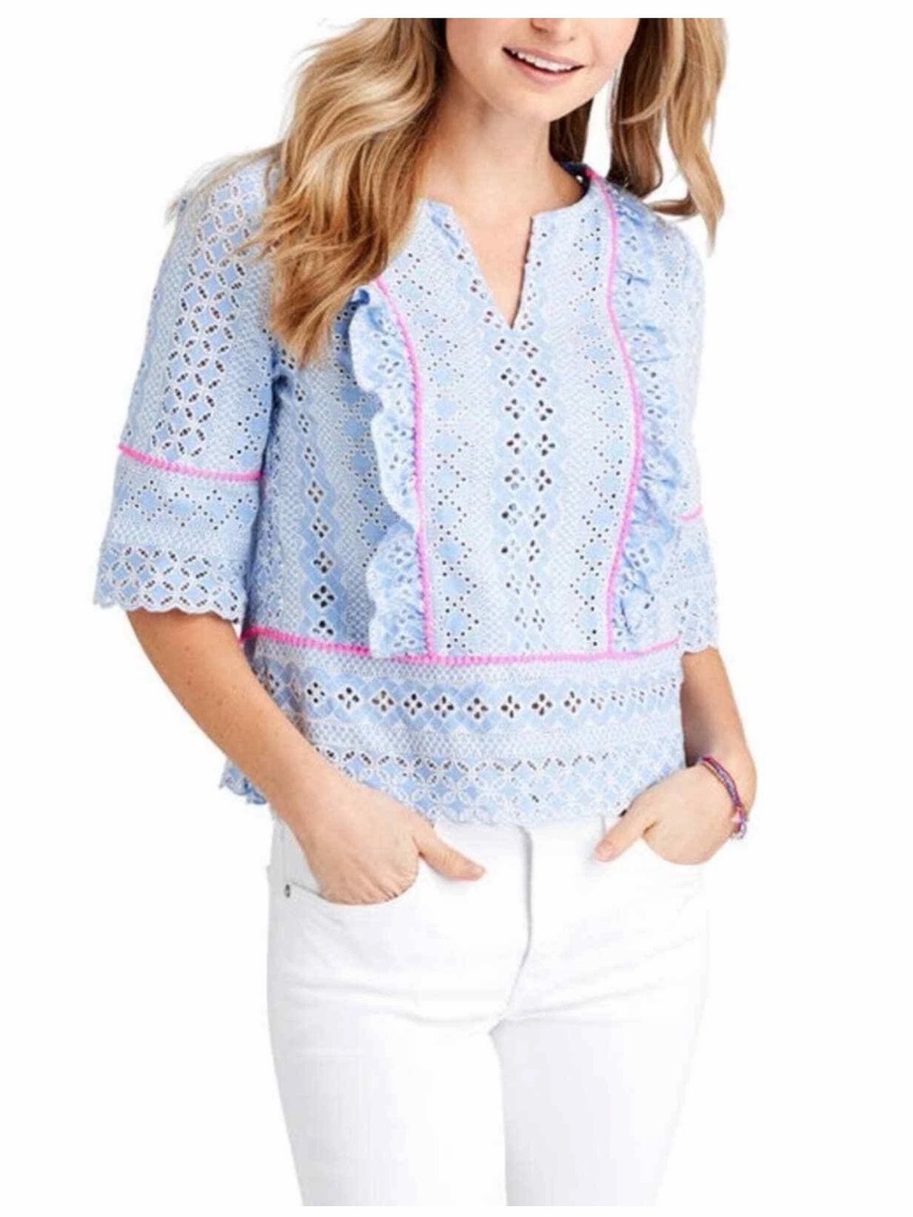 Vineyard Vibes Eyelet Ruffle V-Neck with Hot Pink Trim (Tag Removed)
